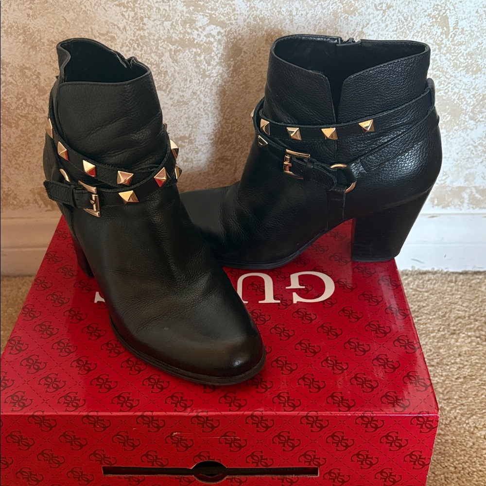 Guess Black Ankle Boots with Gold Accents